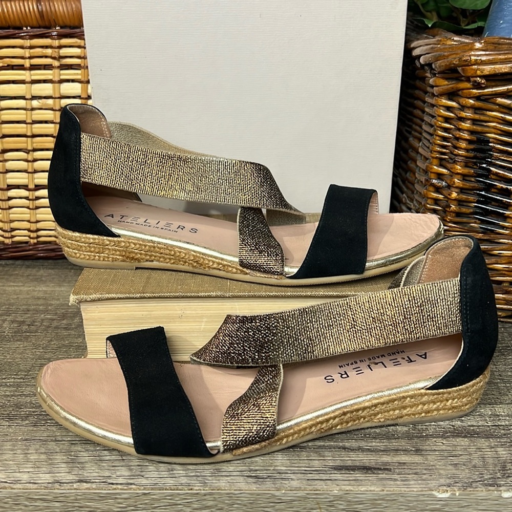 ATELIERS Black Suede and Gold Metallic Elastic Sandals Jut Wedge Size 41